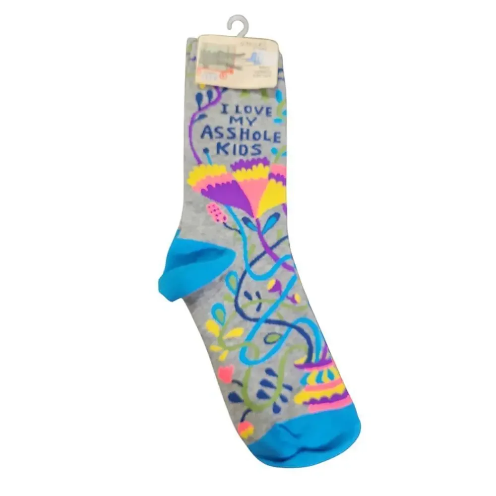 Blue Q Gray Floral 'I Love My A$$hole Kids' Women's Crew Socks with Teal Accents